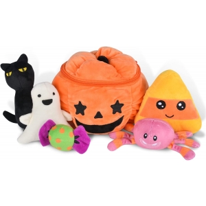 Fasezoomit My First Halloween Pumpkin Toys Playset , 6PCS Stuffed Plush Pumpkin Decor with Black Cat Candy Spider Ghost and Cand